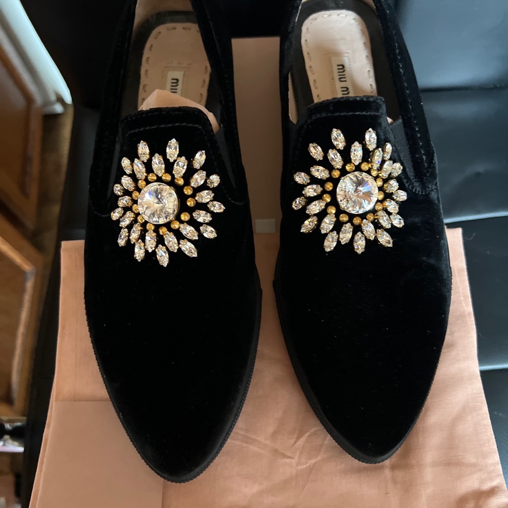 Brand New! Black Velvet Miu Miu With Crystals Size 37